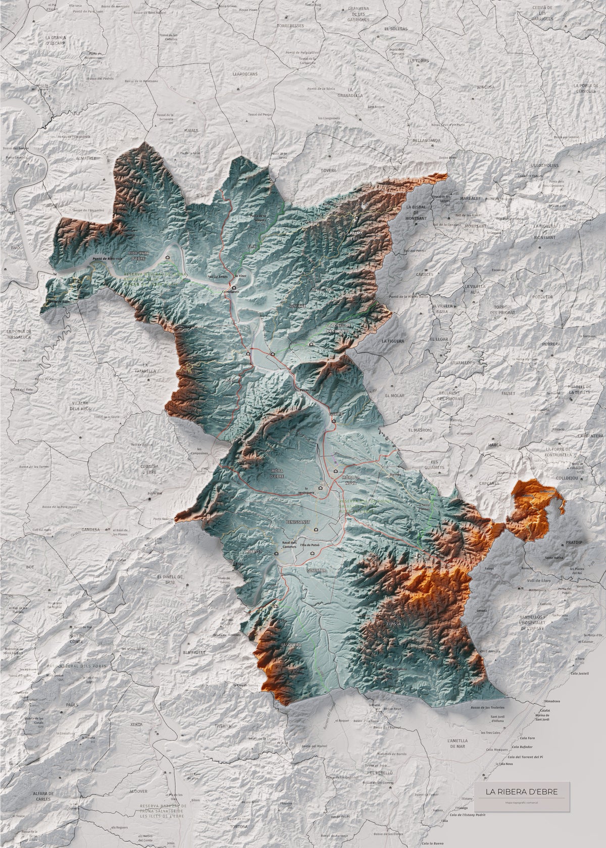Mapa de relieve de la Ribera d’Ebre, con el territorio en color y el entorno en blanco. Vista completa de la lámina. 50 × 70 cm. Estilo Azul y naranja.