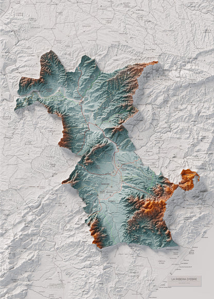 Mapa de relieve de la Ribera d’Ebre, con el territorio en color y el entorno en blanco. Vista completa de la lámina. 50 × 70 cm. Estilo Azul y naranja.