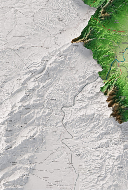 Mapa de relieve de la Ribera d’Ebre, con el territorio en color y el entorno en blanco. Detalle de la zona inferior izquierda. 61 × 91 cm. Estilo Clásico.