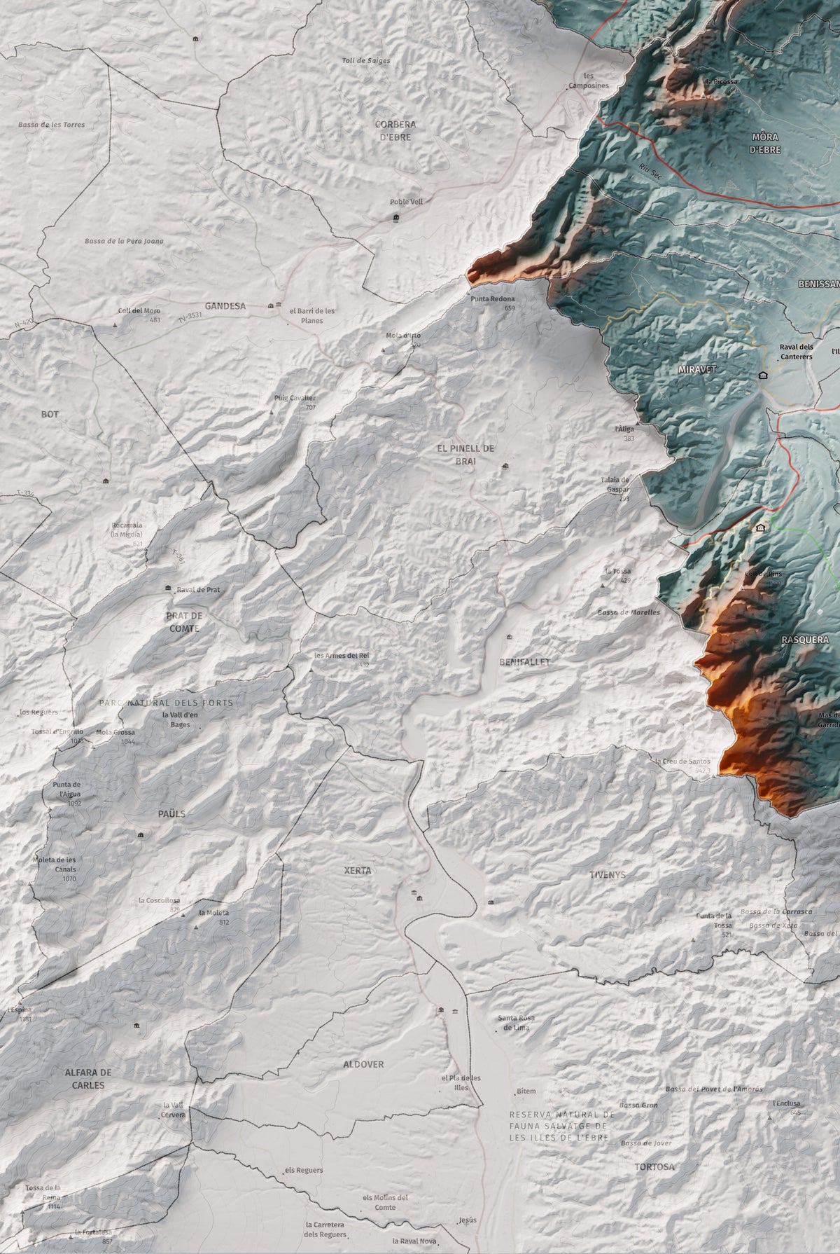 Mapa de relieve de la Ribera d’Ebre, con el territorio en color y el entorno en blanco. Detalle de la zona inferior izquierda. 61 × 91 cm. Estilo Azul y naranja.