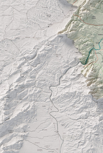 Mapa de relieve de la Ribera d’Ebre, con el territorio en color y el entorno en blanco. Detalle de la zona inferior izquierda. 61 × 91 cm. Estilo Cartográfico.