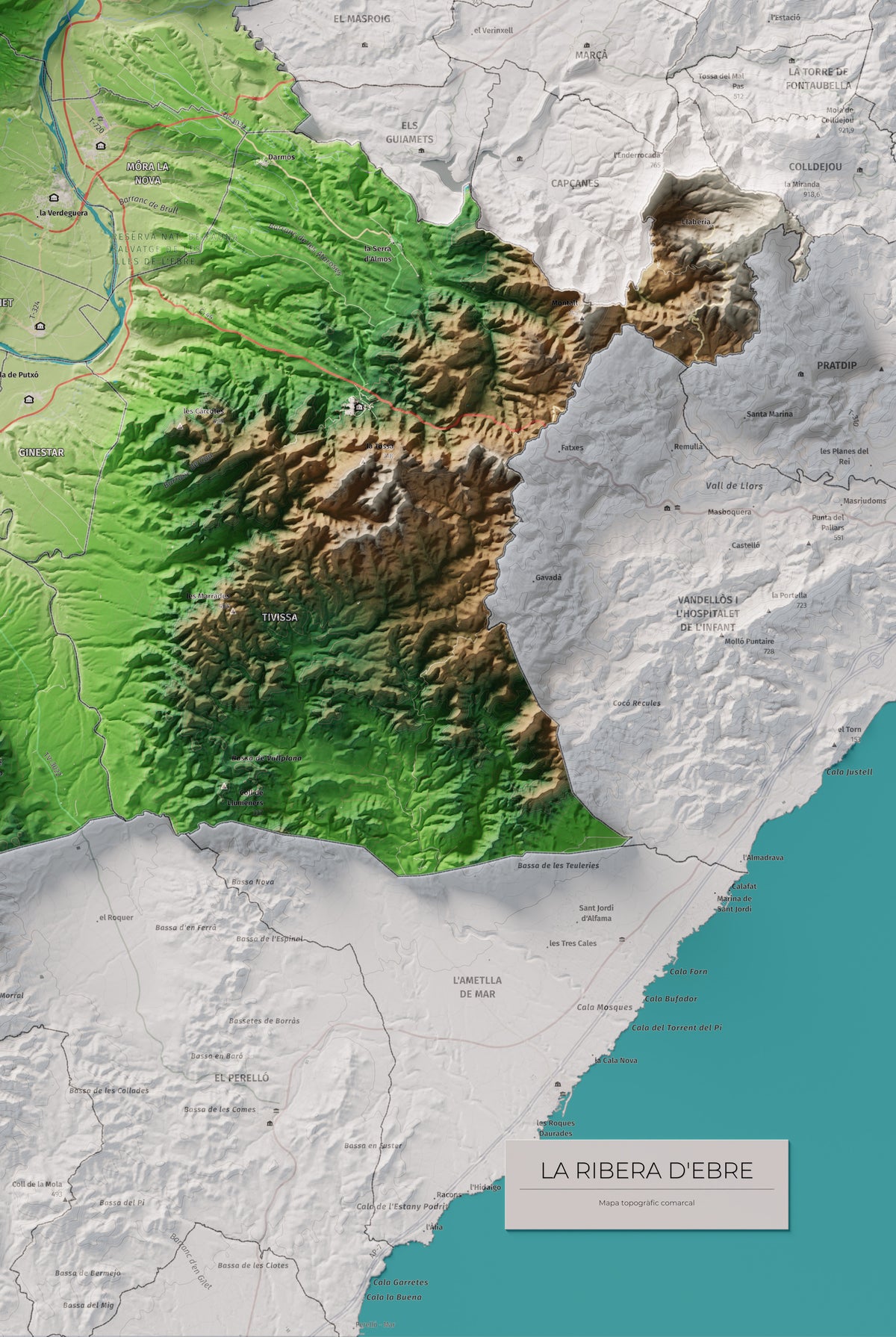 Mapa de relieve de la Ribera d’Ebre, con el territorio en color y el entorno en blanco. Detalle de la zona inferior derecha. 61 × 91 cm. Estilo Clásico.
