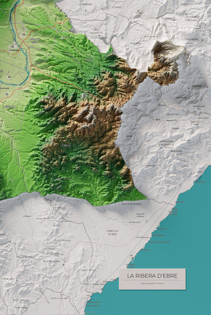 Mapa de relieve de la Ribera d’Ebre, con el territorio en color y el entorno en blanco. Detalle de la zona inferior derecha. 61 × 91 cm. Estilo Clásico.
