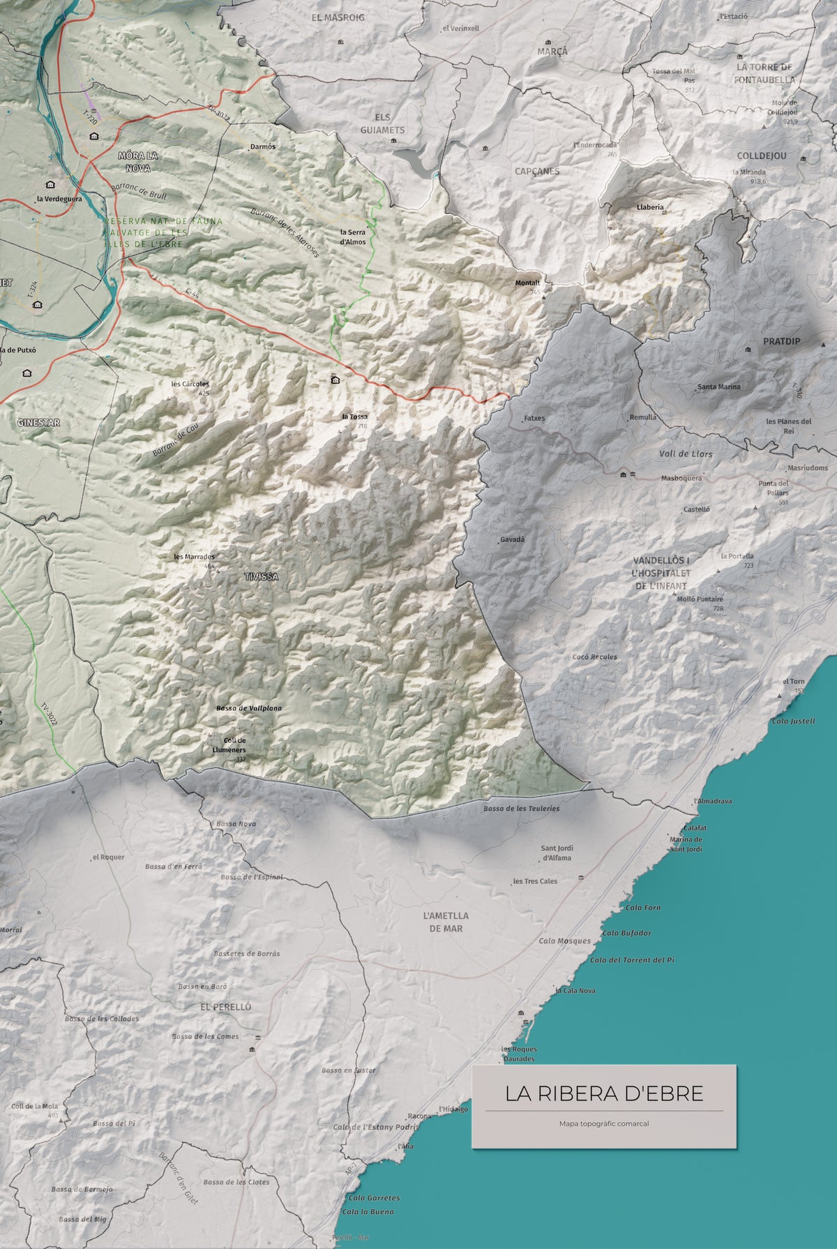 Mapa de relieve de la Ribera d’Ebre, con el territorio en color y el entorno en blanco. Detalle de la zona inferior derecha. 61 × 91 cm. Estilo Cartográfico.