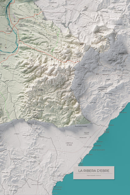 Mapa de relieve de la Ribera d’Ebre, con el territorio en color y el entorno en blanco. Detalle de la zona inferior derecha. 61 × 91 cm. Estilo Cartográfico.