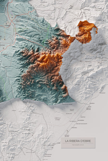 Mapa de relieve de la Ribera d’Ebre, con el territorio en color y el entorno en blanco. Detalle de la zona inferior derecha. 61 × 91 cm. Estilo Azul y naranja.