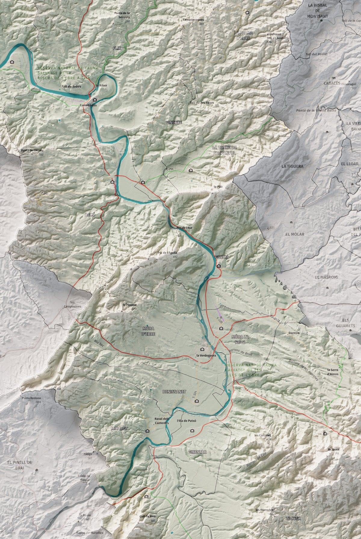 Mapa de relieve de la Ribera d’Ebre, con el territorio en color y el entorno en blanco. Detalle de la zona central. 61 × 91 cm. Estilo Cartográfico.
