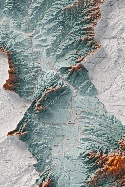 Mapa de relieve de la Ribera d’Ebre, con el territorio en color y el entorno en blanco. Detalle de la zona central. 61 × 91 cm. Estilo Azul y naranja.