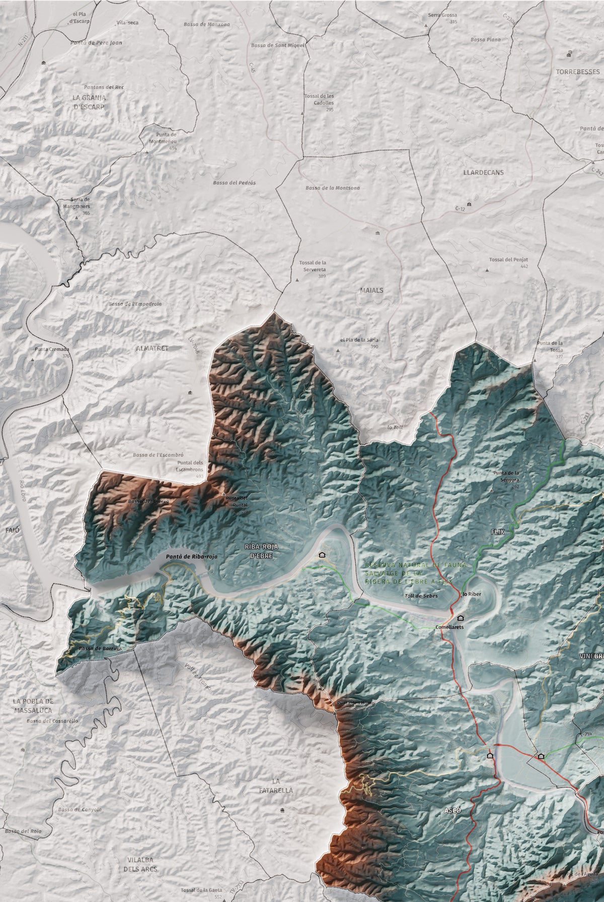 Mapa de relieve de la Ribera d’Ebre, con el territorio en color y el entorno en blanco. Detalle de la zona superior izquierda. 61 × 91 cm. Estilo Azul y naranja.
