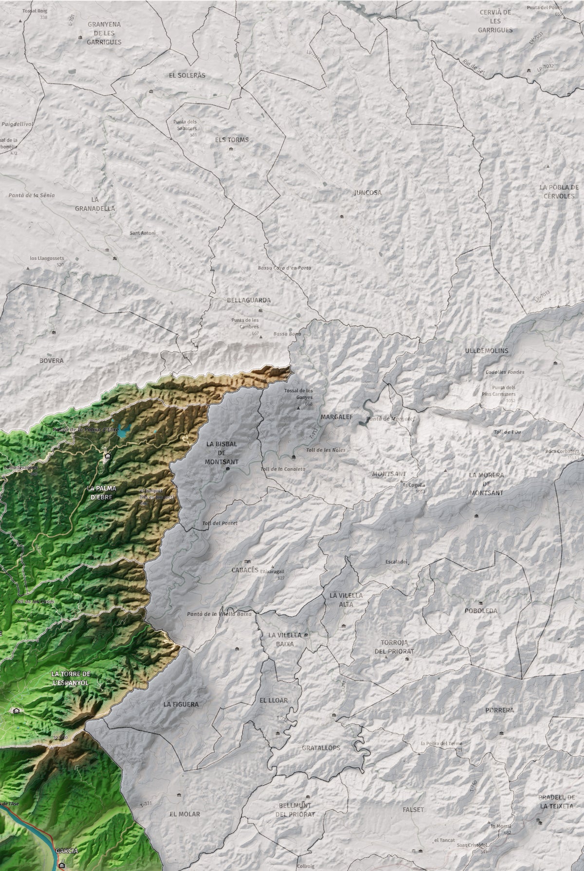 Mapa de relieve de la Ribera d’Ebre, con el territorio en color y el entorno en blanco. Detalle de la zona superior derecha. 61 × 91 cm. Estilo Clásico.