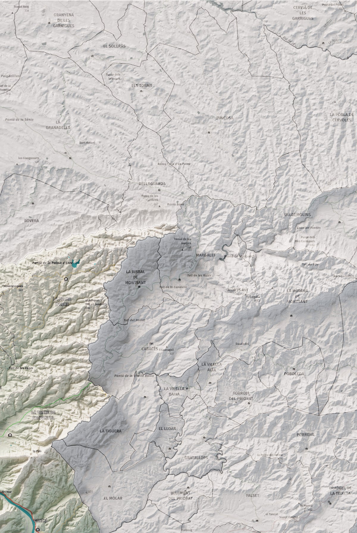Mapa de relieve de la Ribera d’Ebre, con el territorio en color y el entorno en blanco. Detalle de la zona superior derecha. 61 × 91 cm. Estilo Cartográfico.