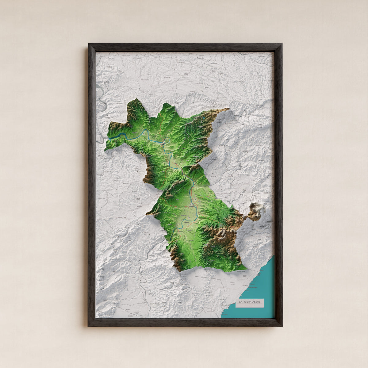 Mapa de relieve de la Ribera d’Ebre, con el territorio en color y el entorno en blanco. Presentación con marco. 61 × 91 cm. Estilo Clásico.