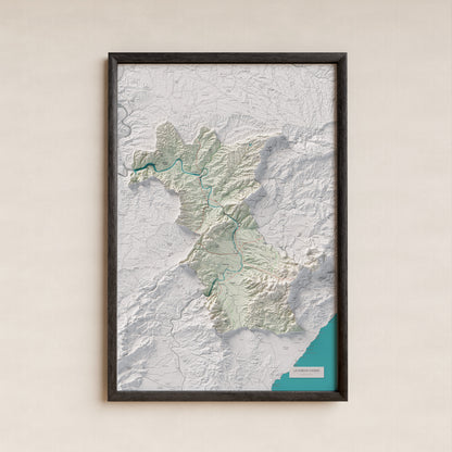 Mapa de relieve de la Ribera d’Ebre, con el territorio en color y el entorno en blanco. Presentación con marco. 61 × 91 cm. Estilo Cartográfico.