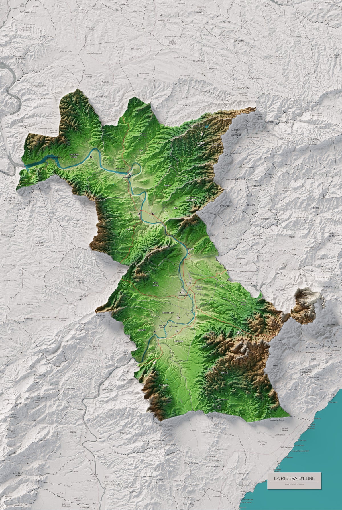 Mapa de relieve de la Ribera d’Ebre, con el territorio en color y el entorno en blanco. Vista completa de la lámina. 61 × 91 cm. Estilo Clásico.