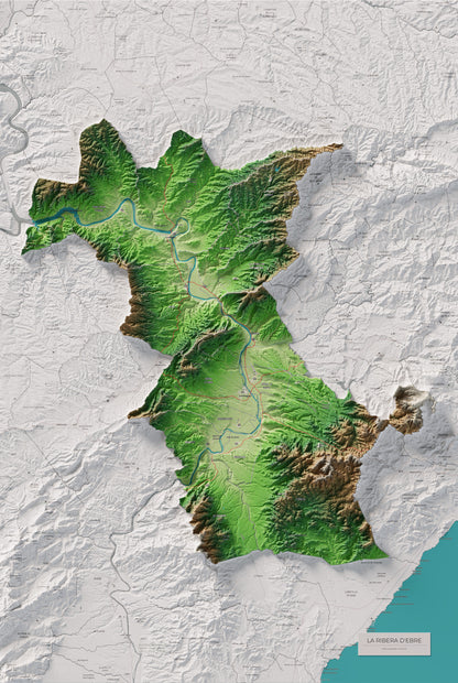 Mapa de relieve de la Ribera d’Ebre, con el territorio en color y el entorno en blanco. Vista completa de la lámina. 61 × 91 cm. Estilo Clásico.