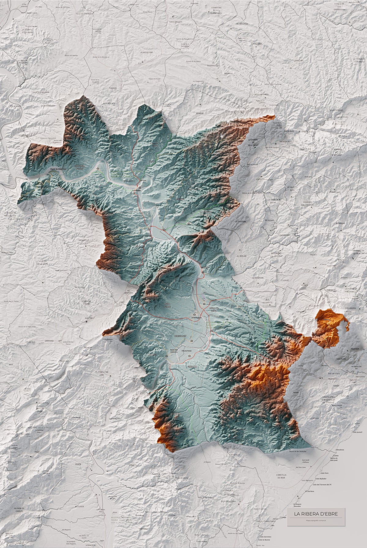 Mapa de relieve de la Ribera d’Ebre, con el territorio en color y el entorno en blanco. Vista completa de la lámina. 61 × 91 cm. Estilo Azul y naranja.