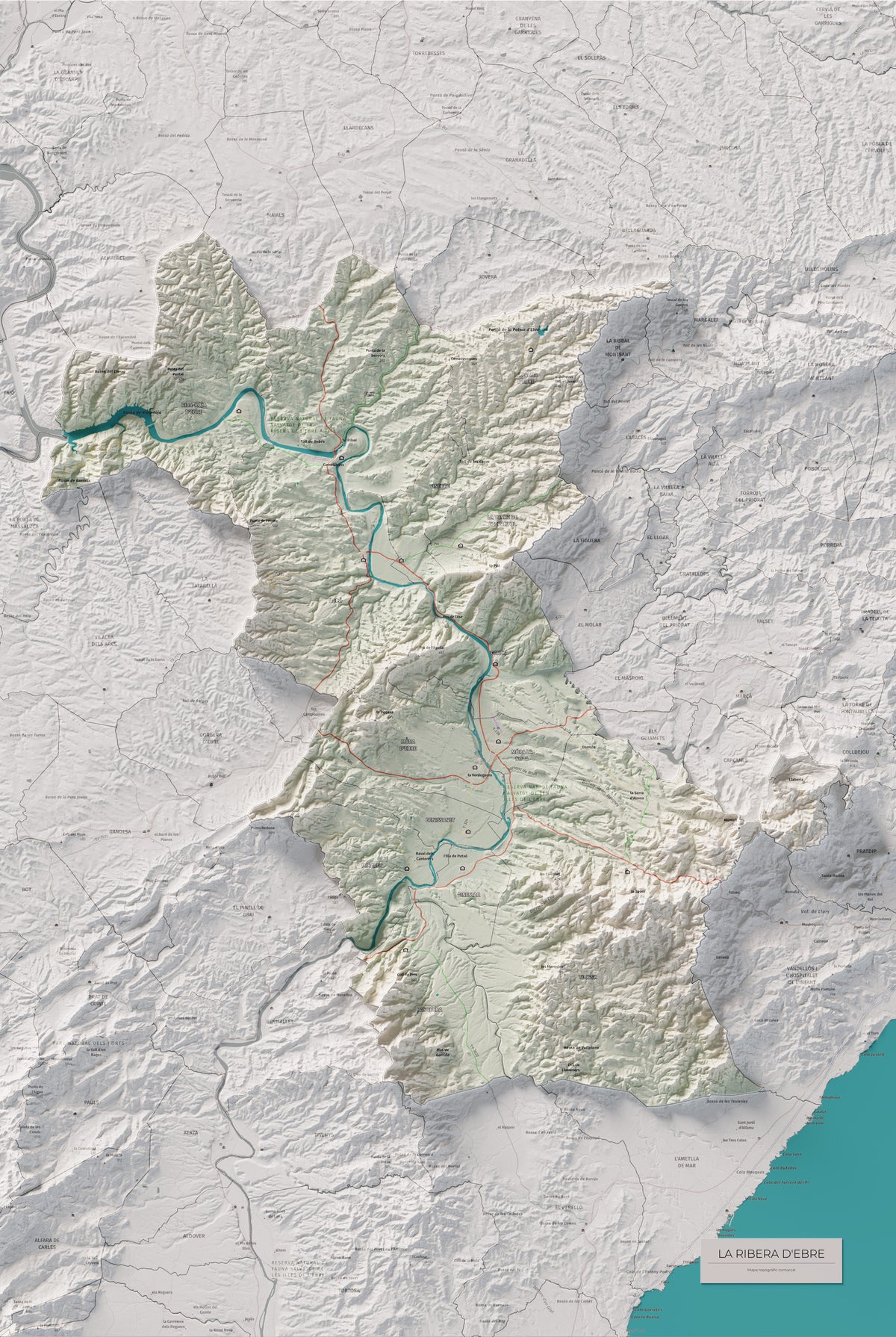 Mapa de relieve de la Ribera d’Ebre, con el territorio en color y el entorno en blanco. Vista completa de la lámina. 61 × 91 cm. Estilo Cartográfico.