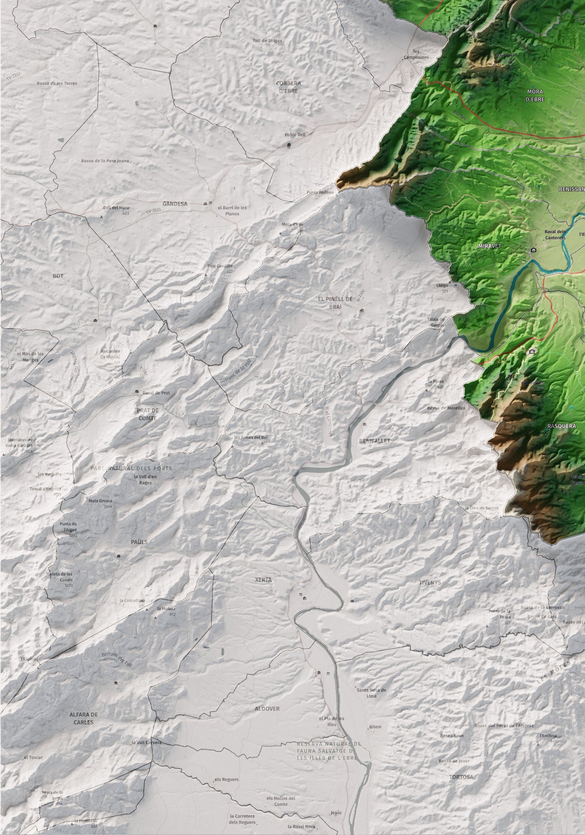 Mapa de relieve de la Ribera d’Ebre, con el territorio en color y el entorno en blanco. Detalle de la zona inferior izquierda. 70 × 100 cm. Estilo Clásico.