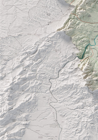 Mapa de relieve de la Ribera d’Ebre, con el territorio en color y el entorno en blanco. Detalle de la zona inferior izquierda. 70 × 100 cm. Estilo Cartográfico.
