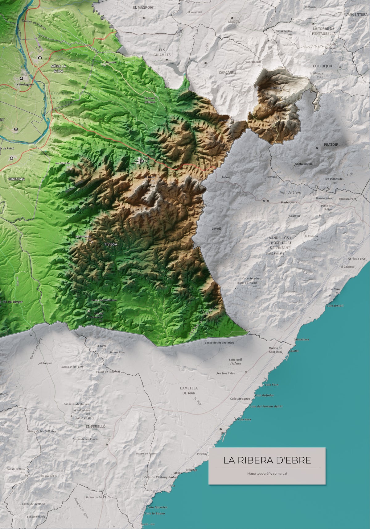 Mapa de relieve de la Ribera d’Ebre, con el territorio en color y el entorno en blanco. Detalle de la zona inferior derecha. 70 × 100 cm. Estilo Clásico.