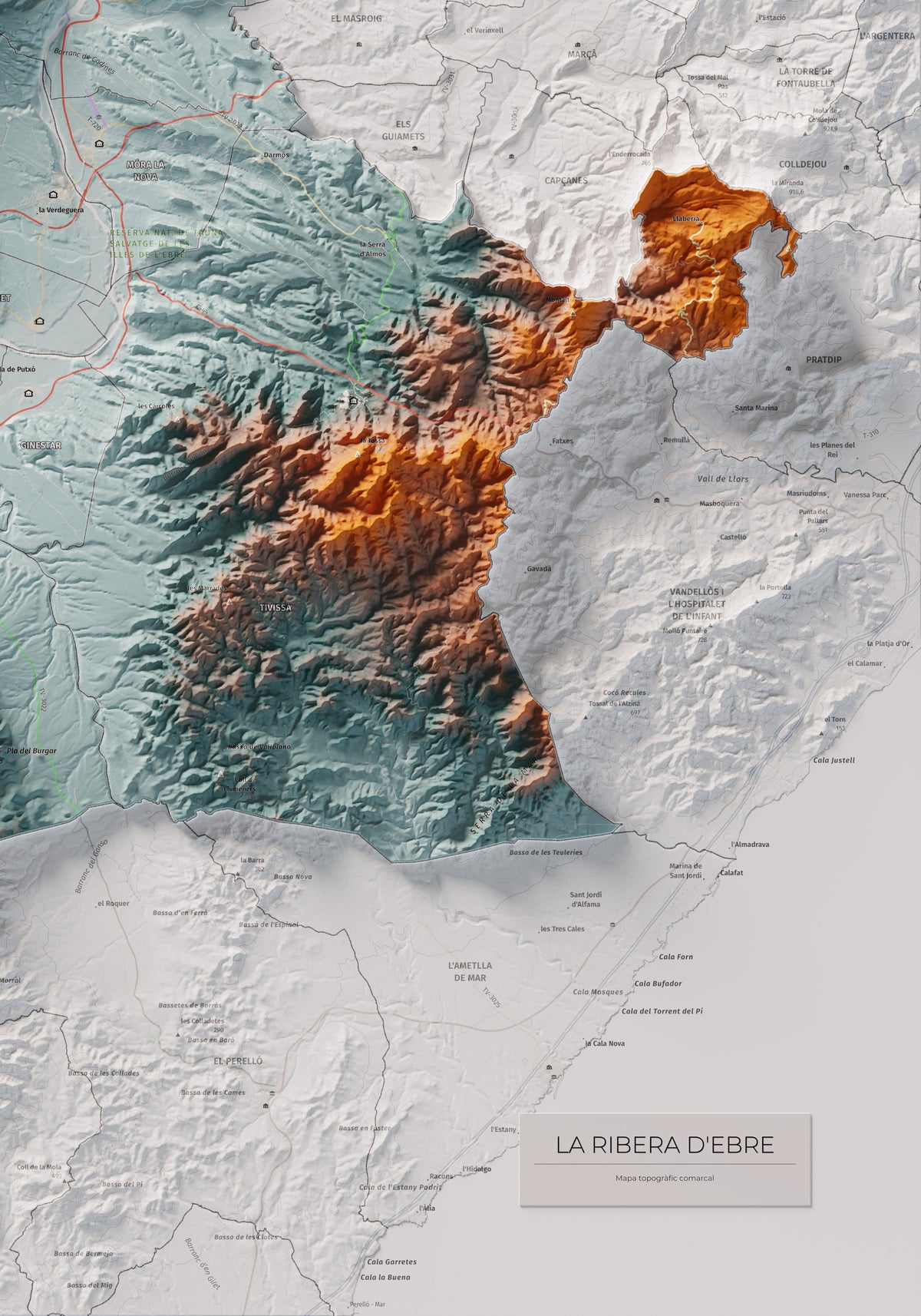 Mapa de relieve de la Ribera d’Ebre, con el territorio en color y el entorno en blanco. Detalle de la zona inferior derecha. 70 × 100 cm. Estilo Azul y naranja.