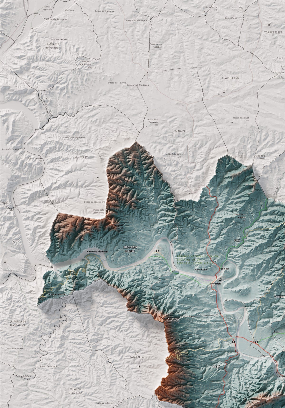 Mapa de relieve de la Ribera d’Ebre, con el territorio en color y el entorno en blanco. Detalle de la zona superior izquierda. 70 × 100 cm. Estilo Azul y naranja.