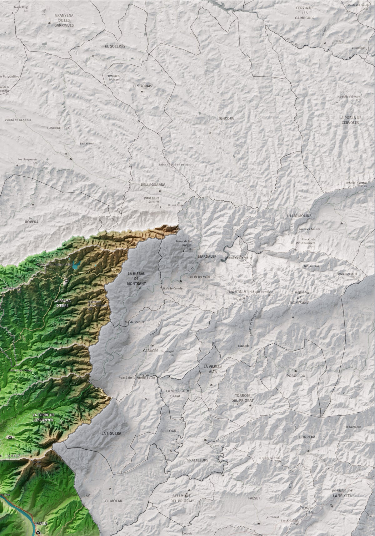 Mapa de relieve de la Ribera d’Ebre, con el territorio en color y el entorno en blanco. Detalle de la zona superior derecha. 70 × 100 cm. Estilo Clásico.