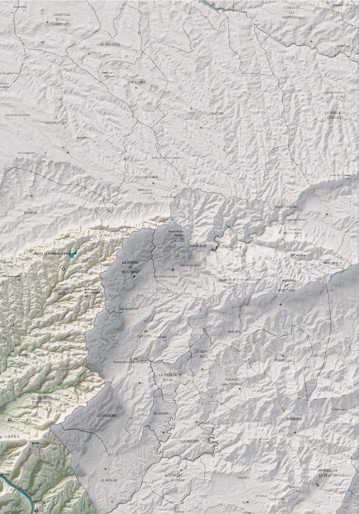 Mapa de relieve de la Ribera d’Ebre, con el territorio en color y el entorno en blanco. Detalle de la zona superior derecha. 70 × 100 cm. Estilo Cartográfico.