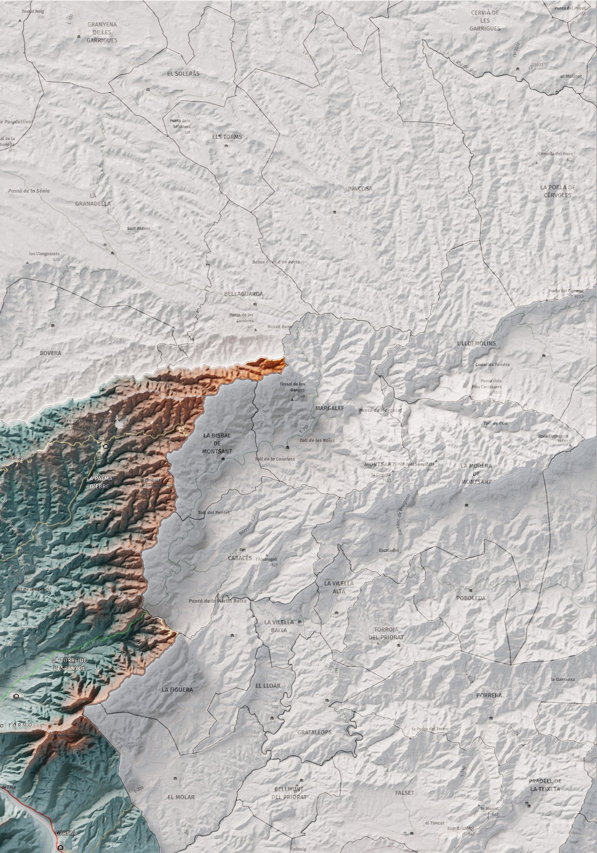 Mapa de relieve de la Ribera d’Ebre, con el territorio en color y el entorno en blanco. Detalle de la zona superior derecha. 70 × 100 cm. Estilo Azul y naranja.