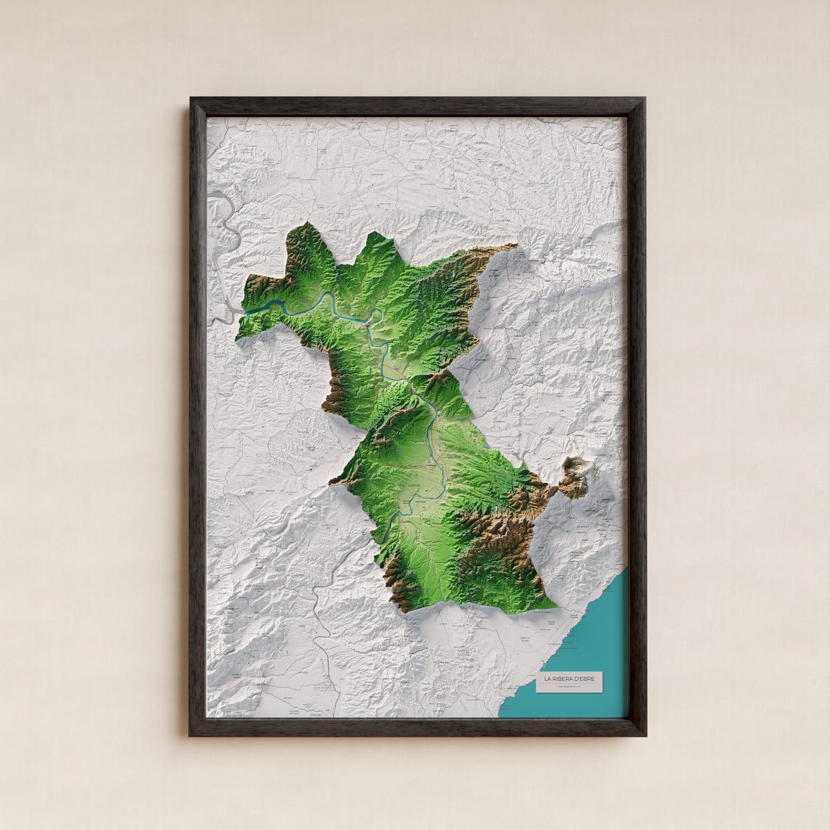 Mapa de relieve de la Ribera d’Ebre, con el territorio en color y el entorno en blanco. Presentación con marco. 70 × 100 cm. Estilo Clásico.