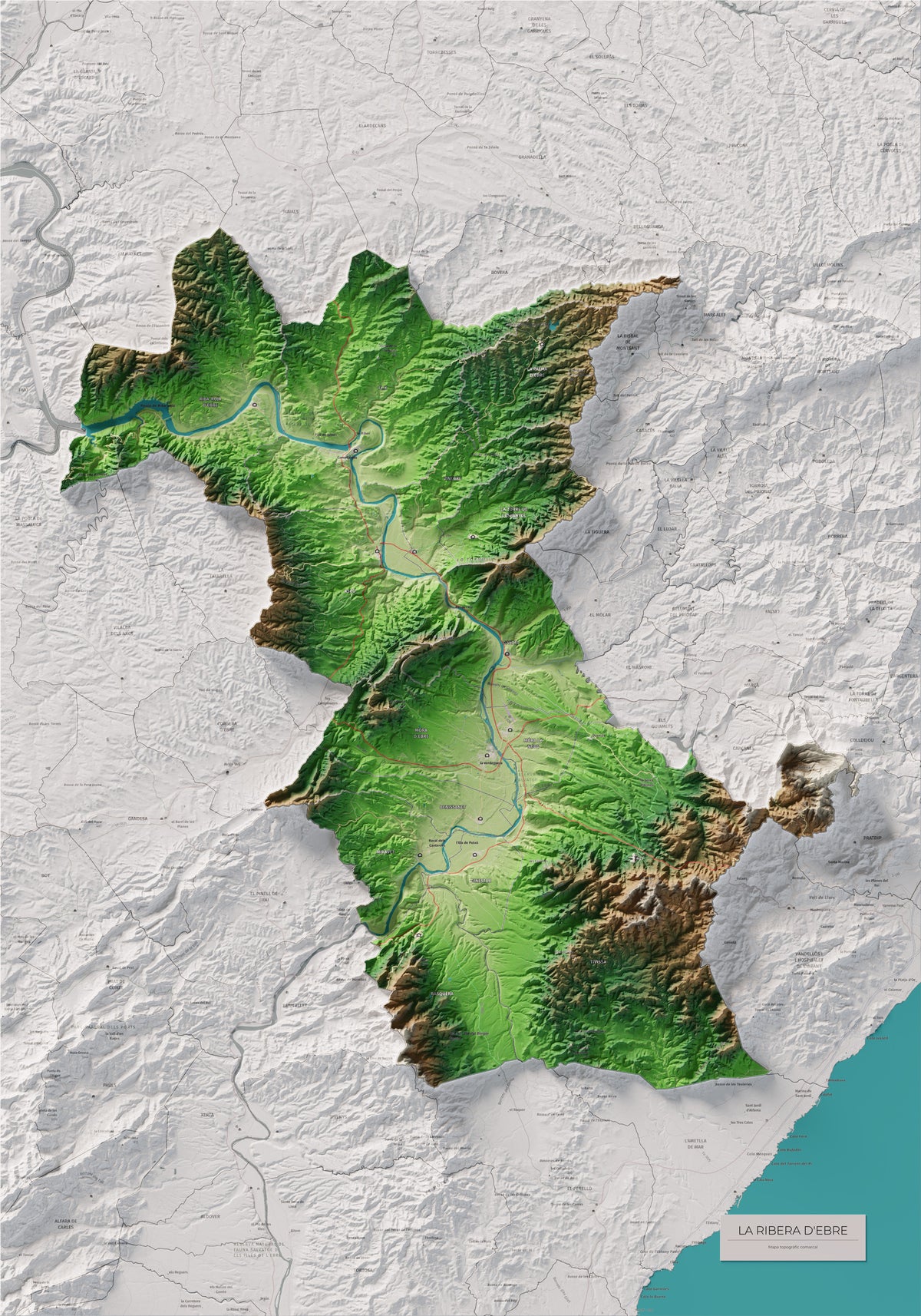 Mapa de relieve de la Ribera d’Ebre, con el territorio en color y el entorno en blanco. Vista completa de la lámina. 70 × 100 cm. Estilo Clásico.