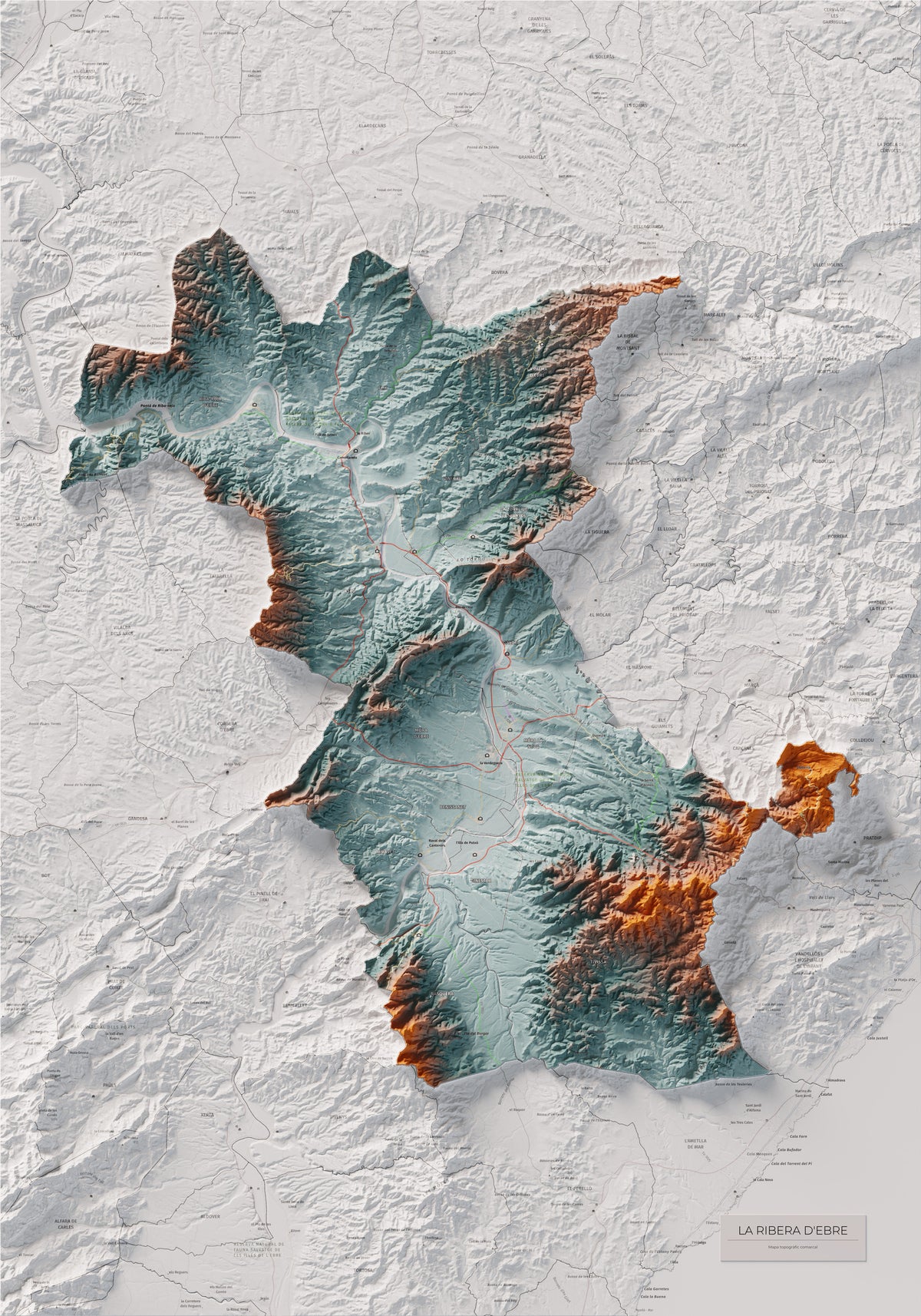 Mapa de relieve de la Ribera d’Ebre, con el territorio en color y el entorno en blanco. Vista completa de la lámina. 70 × 100 cm. Estilo Azul y naranja.