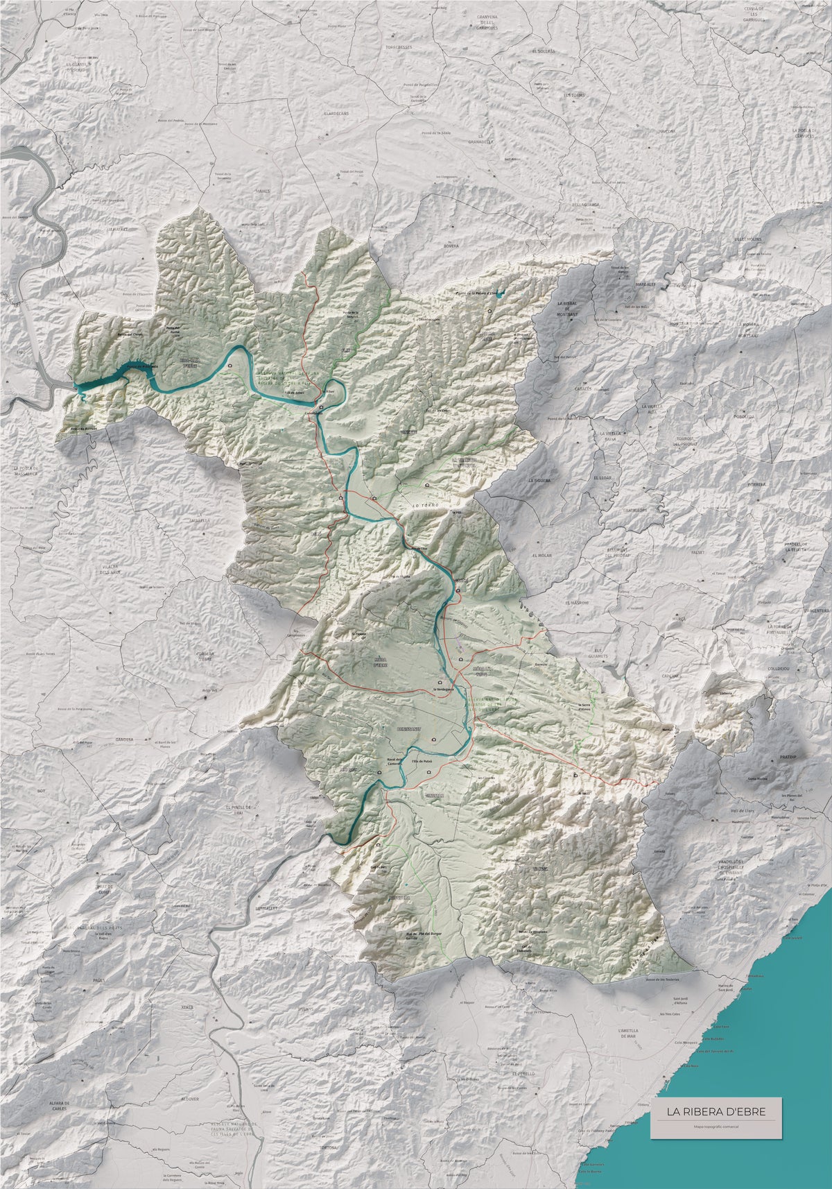 Mapa de relieve de la Ribera d’Ebre, con el territorio en color y el entorno en blanco. Vista completa de la lámina. 70 × 100 cm. Estilo Cartográfico.