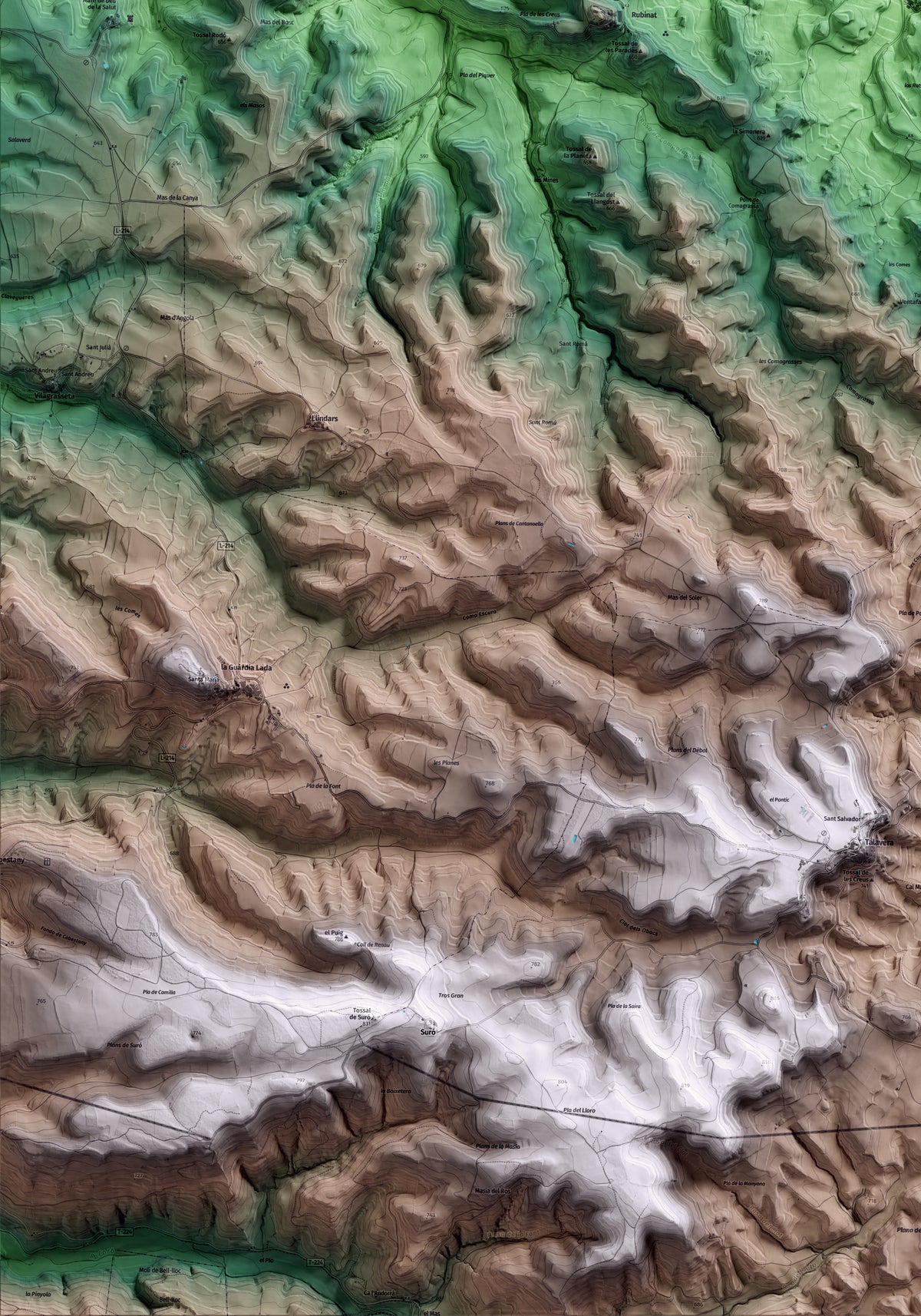 Mapa artístico del relieve de Ribera d'Ondara, a la Segarra, con 15 km de entorno y base topográfica ICGC. Detalle de la zona inferior izquierda.