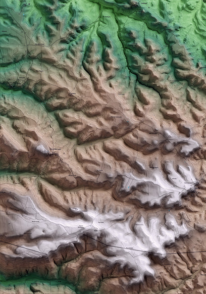 Mapa artístico del relieve de Ribera d'Ondara, a la Segarra, con 15 km de entorno y base topográfica ICGC. Detalle de la zona inferior izquierda.