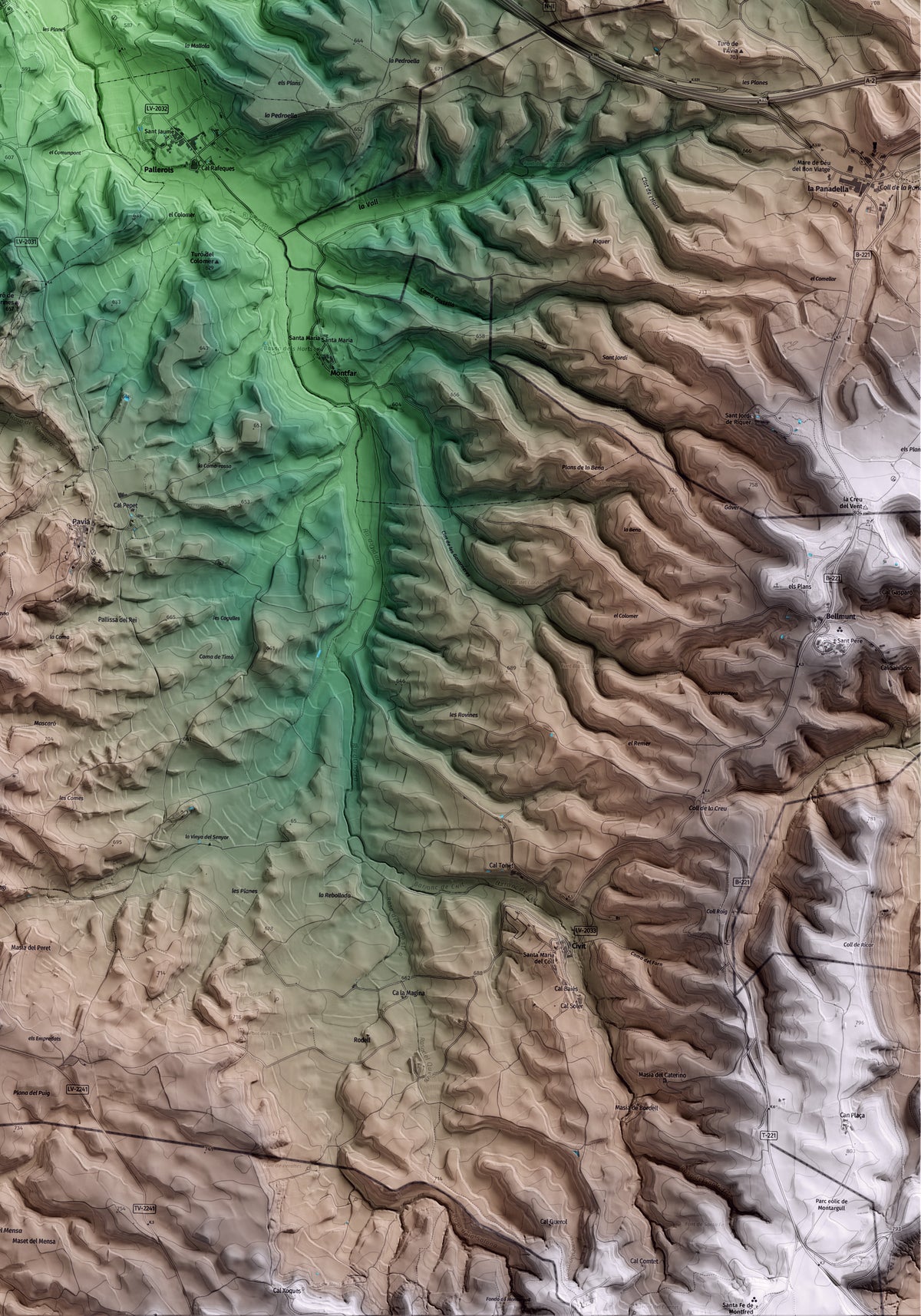 Mapa artístico del relieve de Ribera d'Ondara, a la Segarra, con 15 km de entorno y base topográfica ICGC. Detalle de la zona inferior derecha.