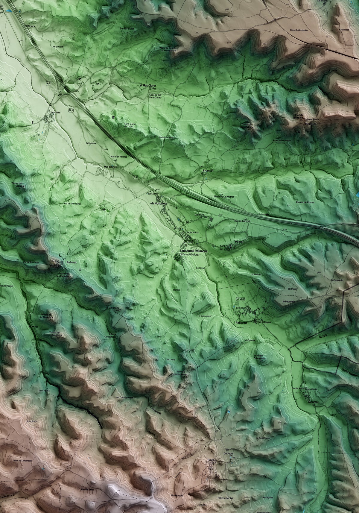 Mapa artístico del relieve de Ribera d'Ondara, a la Segarra, con 15 km de entorno y base topográfica ICGC. Detalle de la zona central.