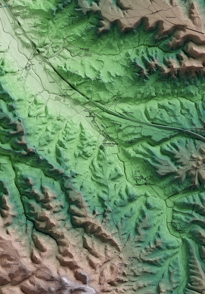 Mapa artístico del relieve de Ribera d'Ondara, a la Segarra, con 15 km de entorno y base topográfica ICGC. Detalle de la zona central.