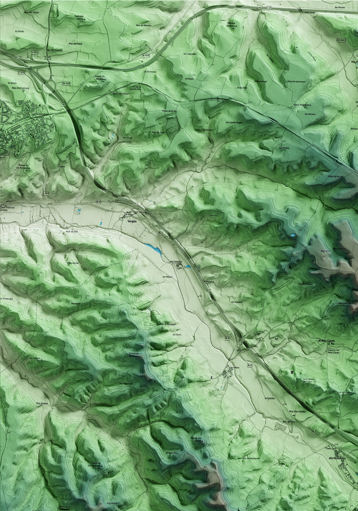 Mapa artístico del relieve de Ribera d'Ondara, a la Segarra, con 15 km de entorno y base topográfica ICGC. Detalle de la zona superior izquierda.