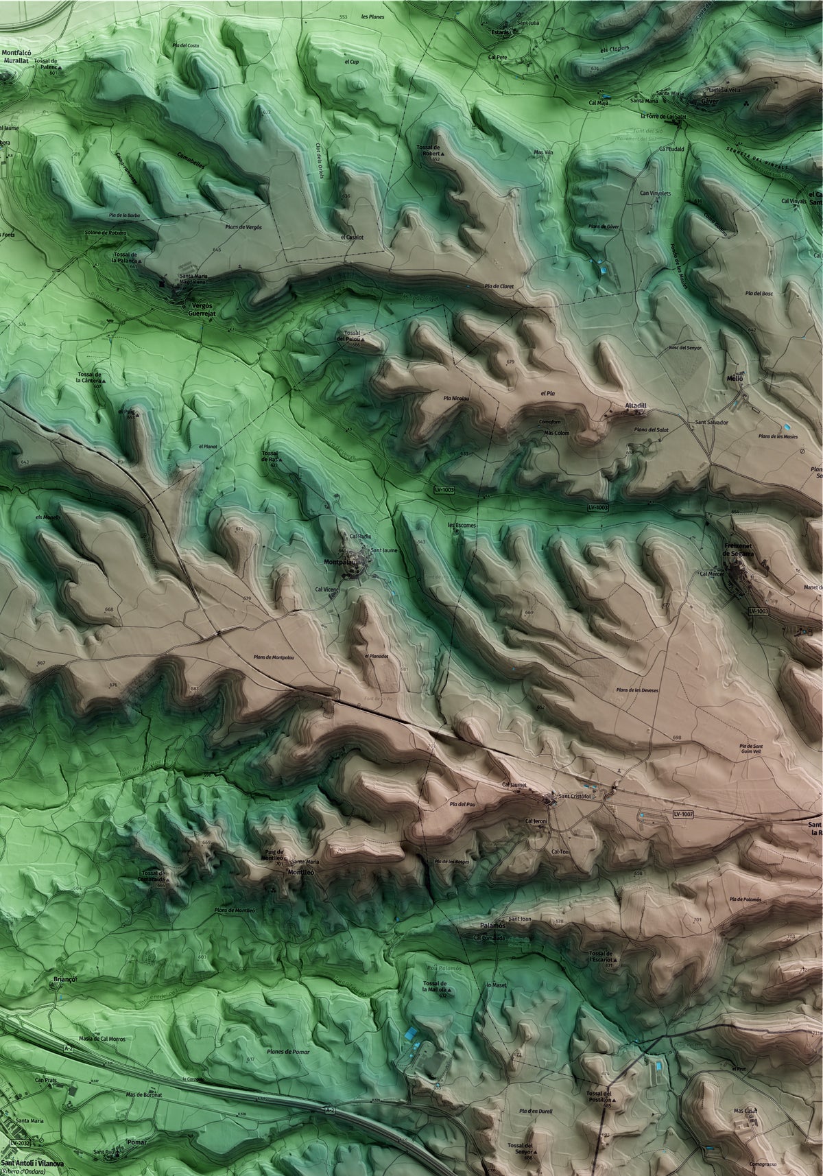 Mapa artístico del relieve de Ribera d'Ondara, a la Segarra, con 15 km de entorno y base topográfica ICGC. Detalle de la zona superior derecha.