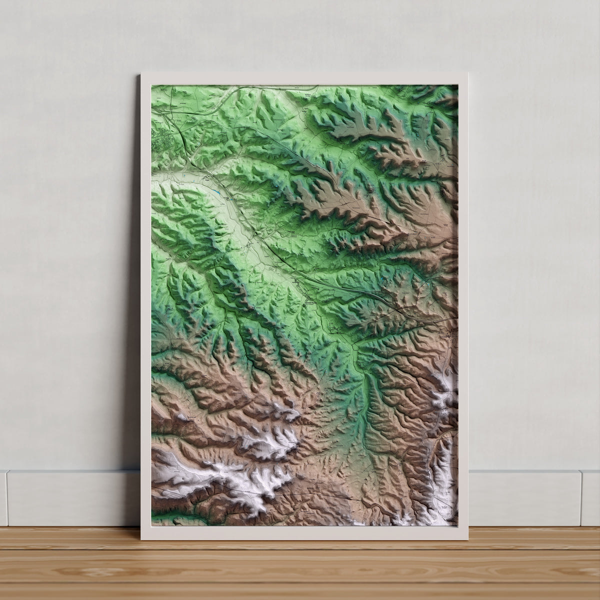Mapa artístico del relieve de Ribera d'Ondara, a la Segarra, con 15 km de entorno y base topográfica ICGC. Presentación enmarcada.
