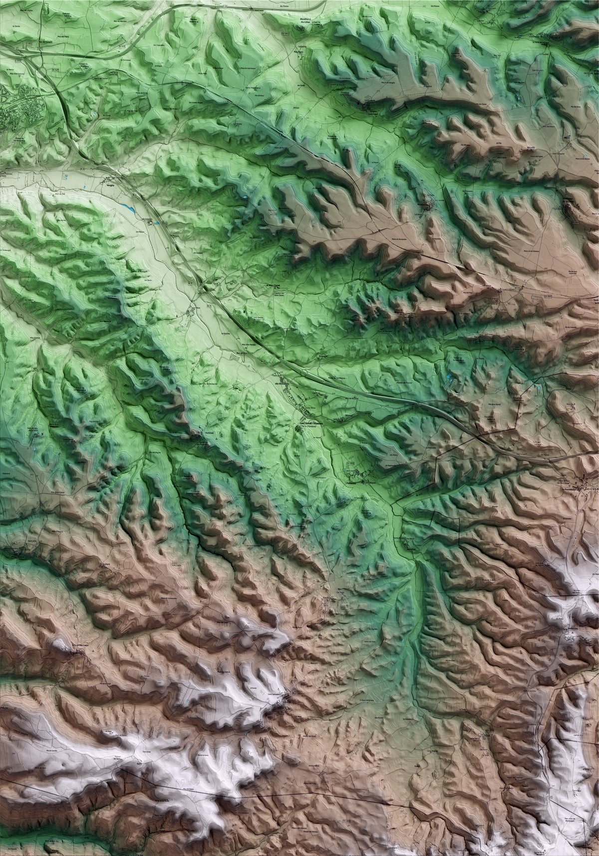 Mapa artístico del relieve de Ribera d'Ondara, a la Segarra, con 15 km de entorno y base topográfica ICGC