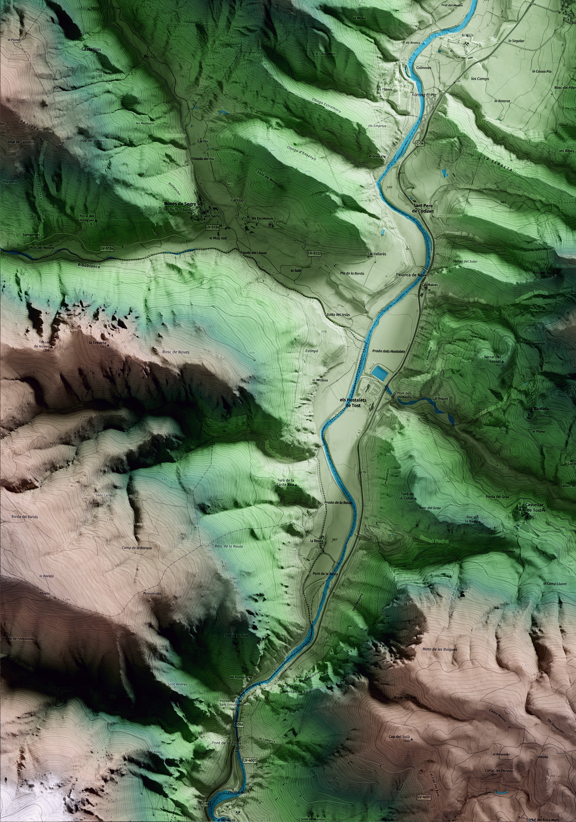 Mapa artístico del relieve de Ribera d'Urgellet, al Alt Urgell, con 15 km de entorno y base topográfica ICGC. Detalle de la zona inferior izquierda.