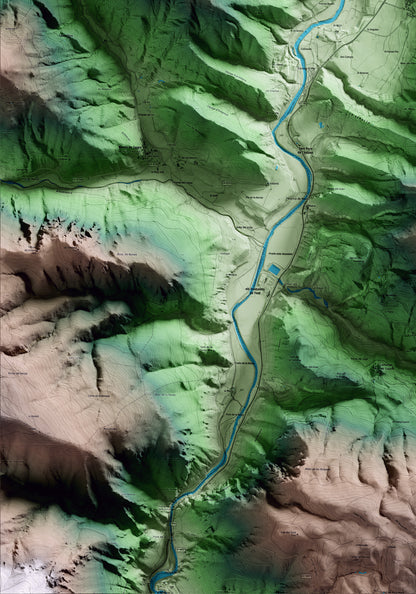 Mapa artístico del relieve de Ribera d'Urgellet, al Alt Urgell, con 15 km de entorno y base topográfica ICGC. Detalle de la zona inferior izquierda.