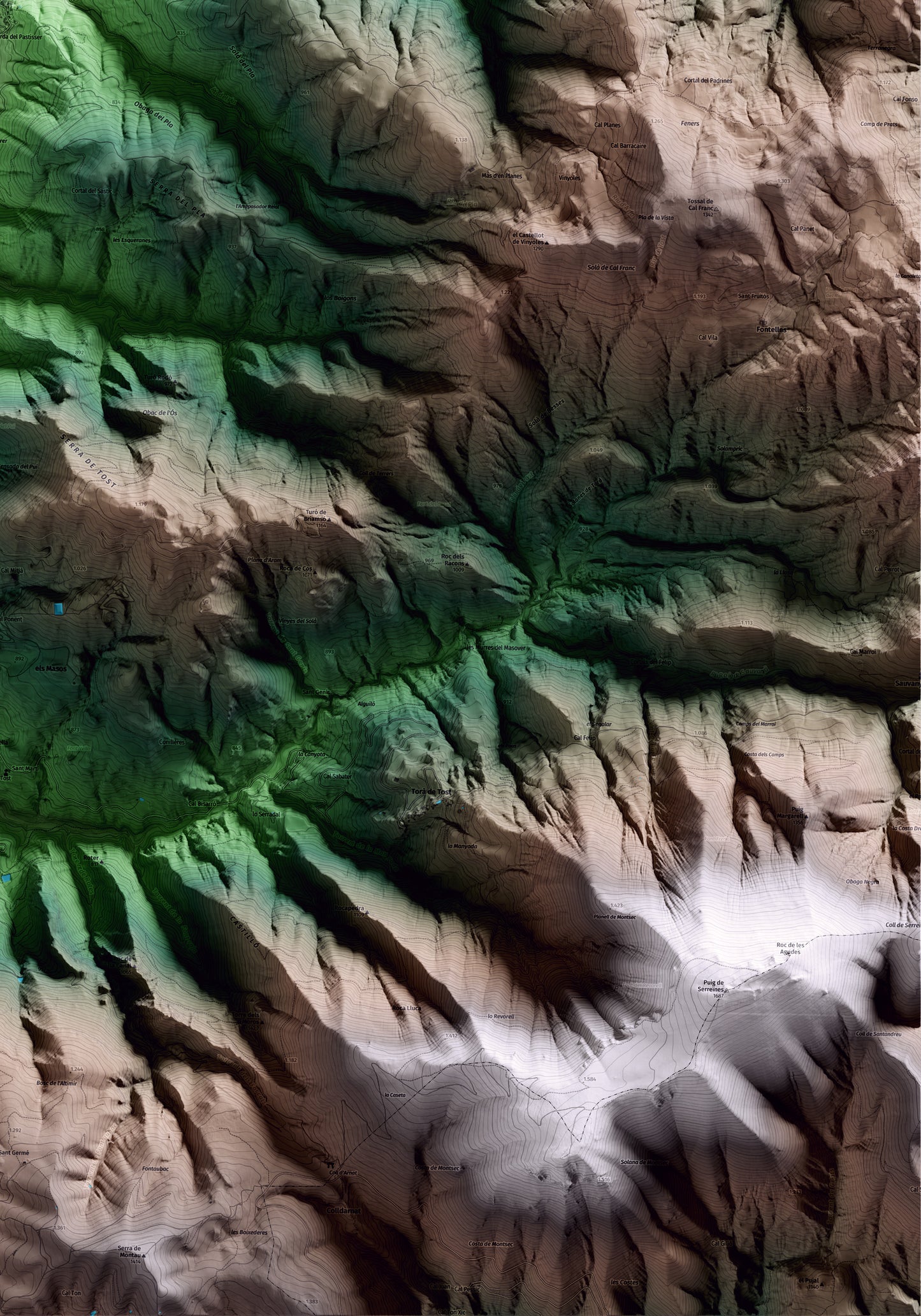 Mapa artístico del relieve de Ribera d'Urgellet, al Alt Urgell, con 15 km de entorno y base topográfica ICGC. Detalle de la zona inferior derecha.