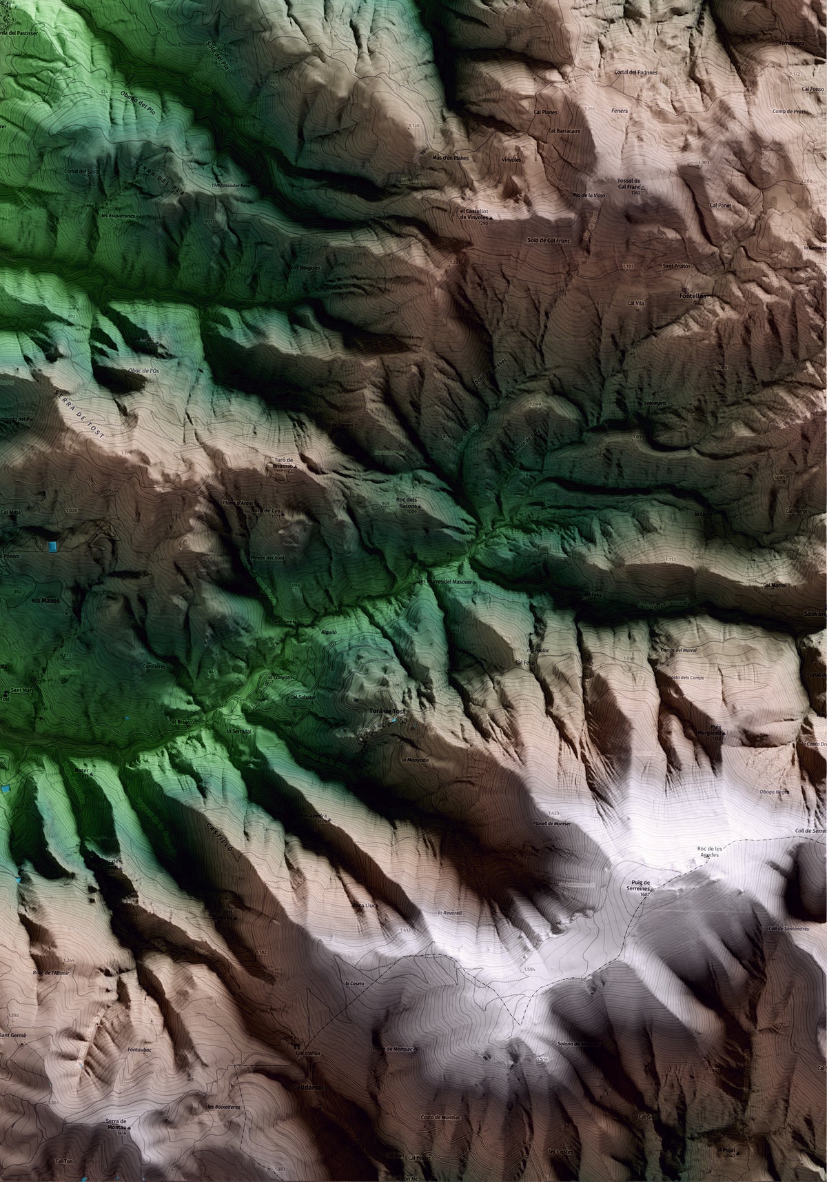 Mapa artístico del relieve de Ribera d'Urgellet, al Alt Urgell, con 15 km de entorno y base topográfica ICGC. Detalle de la zona inferior derecha.