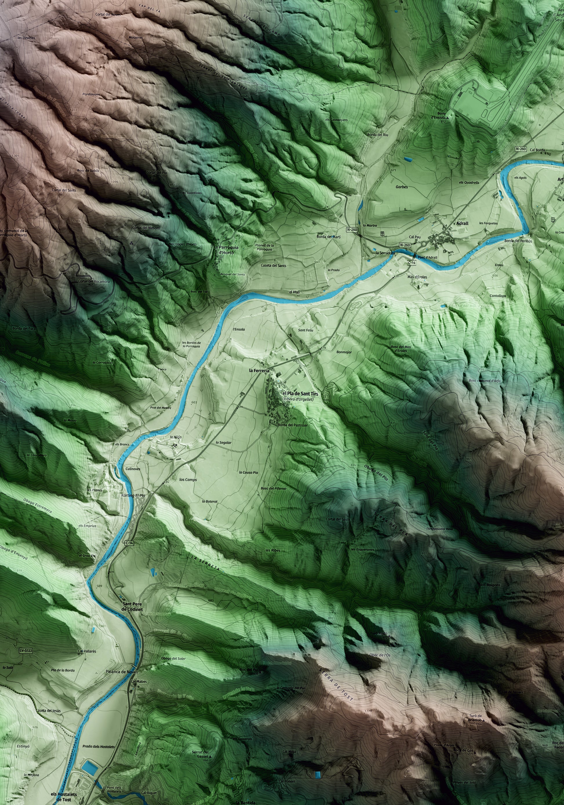 Mapa artístico del relieve de Ribera d'Urgellet, al Alt Urgell, con 15 km de entorno y base topográfica ICGC. Detalle de la zona central.