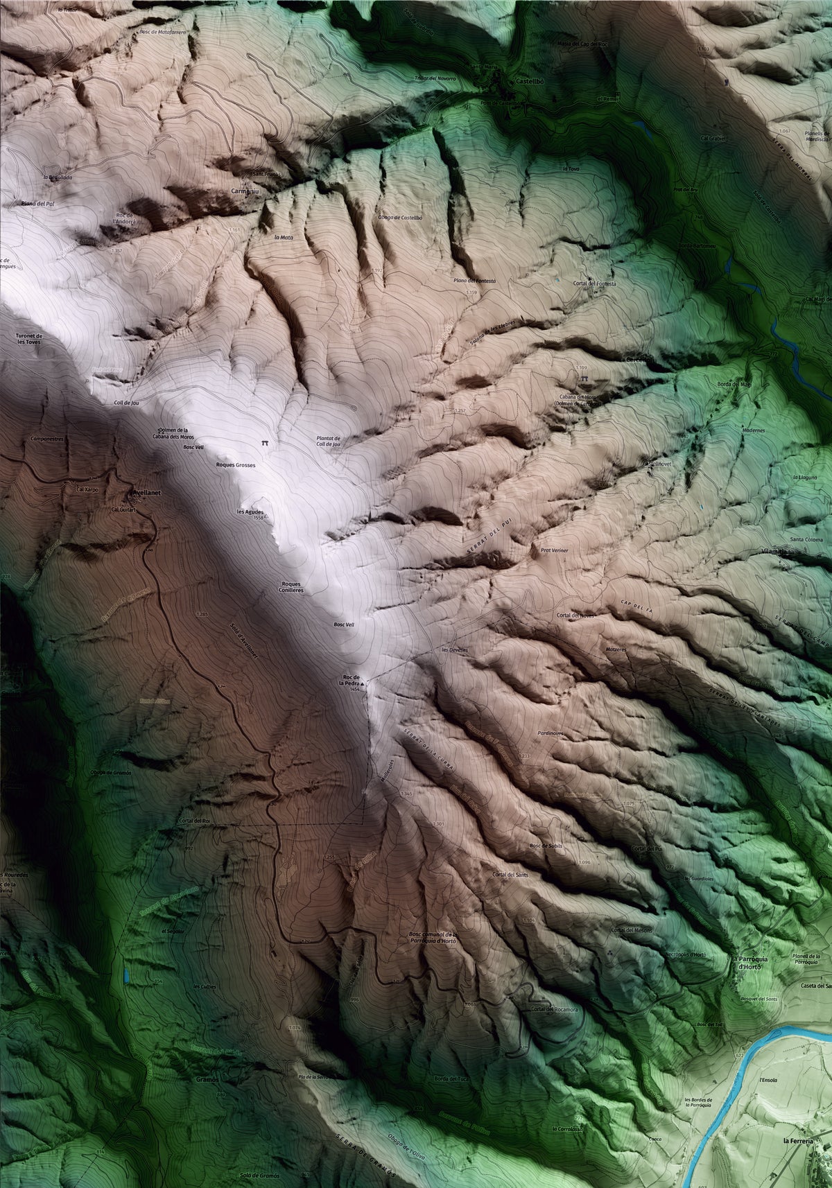 Mapa artístico del relieve de Ribera d'Urgellet, al Alt Urgell, con 15 km de entorno y base topográfica ICGC. Detalle de la zona superior izquierda.