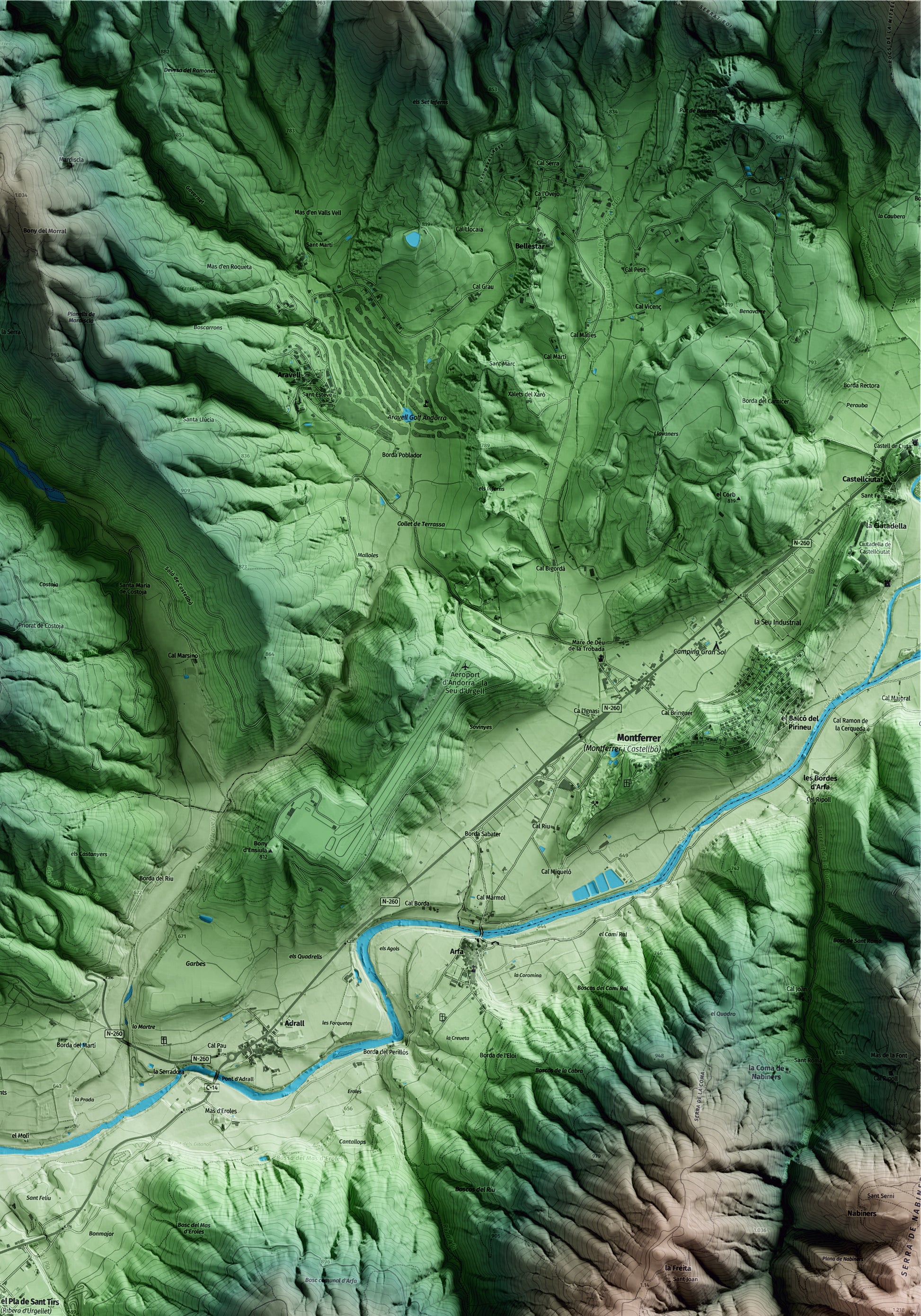 Mapa artístico del relieve de Ribera d'Urgellet, al Alt Urgell, con 15 km de entorno y base topográfica ICGC. Detalle de la zona superior derecha.
