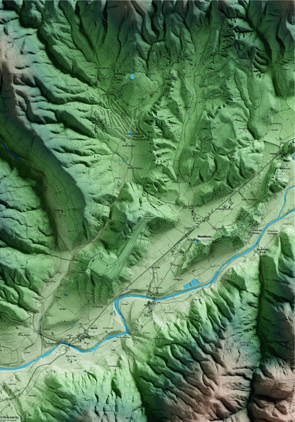 Mapa artístico del relieve de Ribera d'Urgellet, al Alt Urgell, con 15 km de entorno y base topográfica ICGC. Detalle de la zona superior derecha.